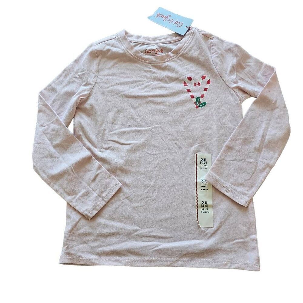 Cat & jack Girls Sz XS 4-5 pink Christmas candy cane heart Top